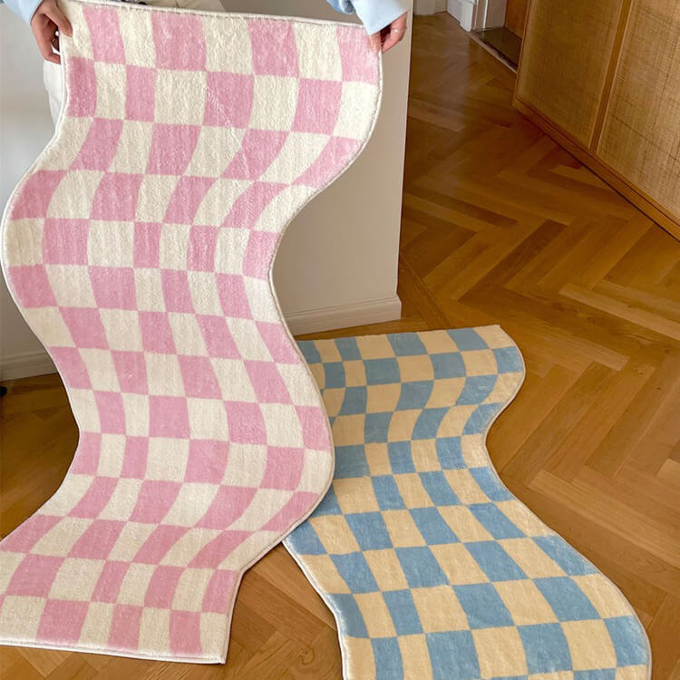 curvy edge pastel checker bedside rug bedroom decor roomtery