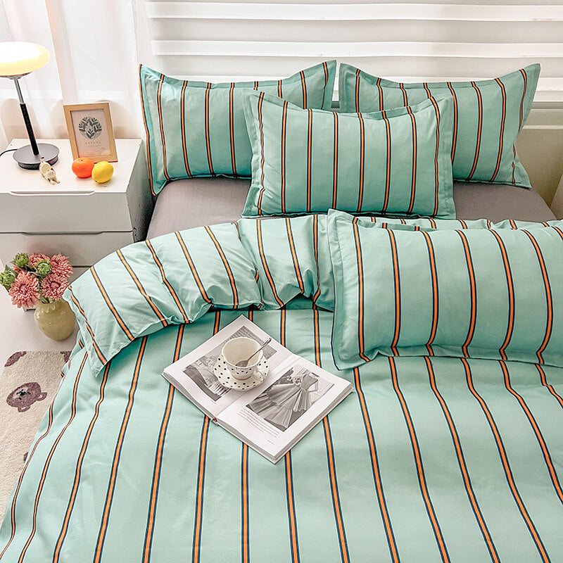 cute aesthetic bedding set in turquoise color with orange stripes roomtery