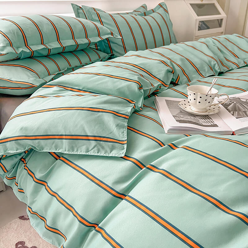 cute aesthetic bedding set in turquoise color with orange stripes roomtery