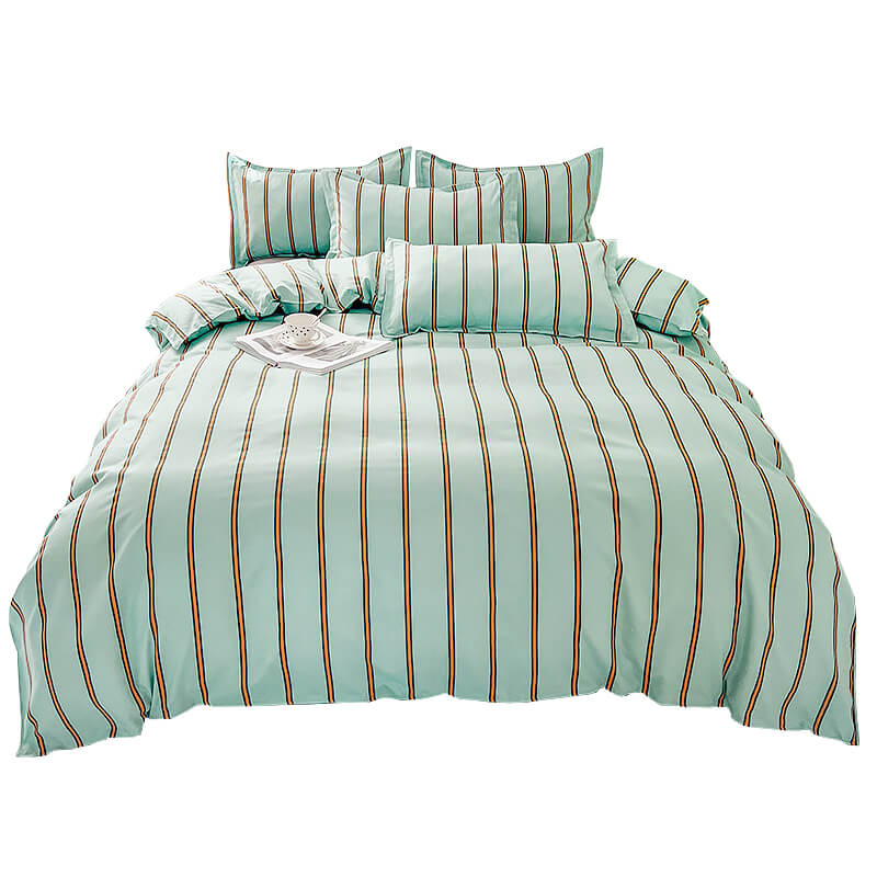 cute aesthetic bedding set in turquoise color with orange stripes roomtery