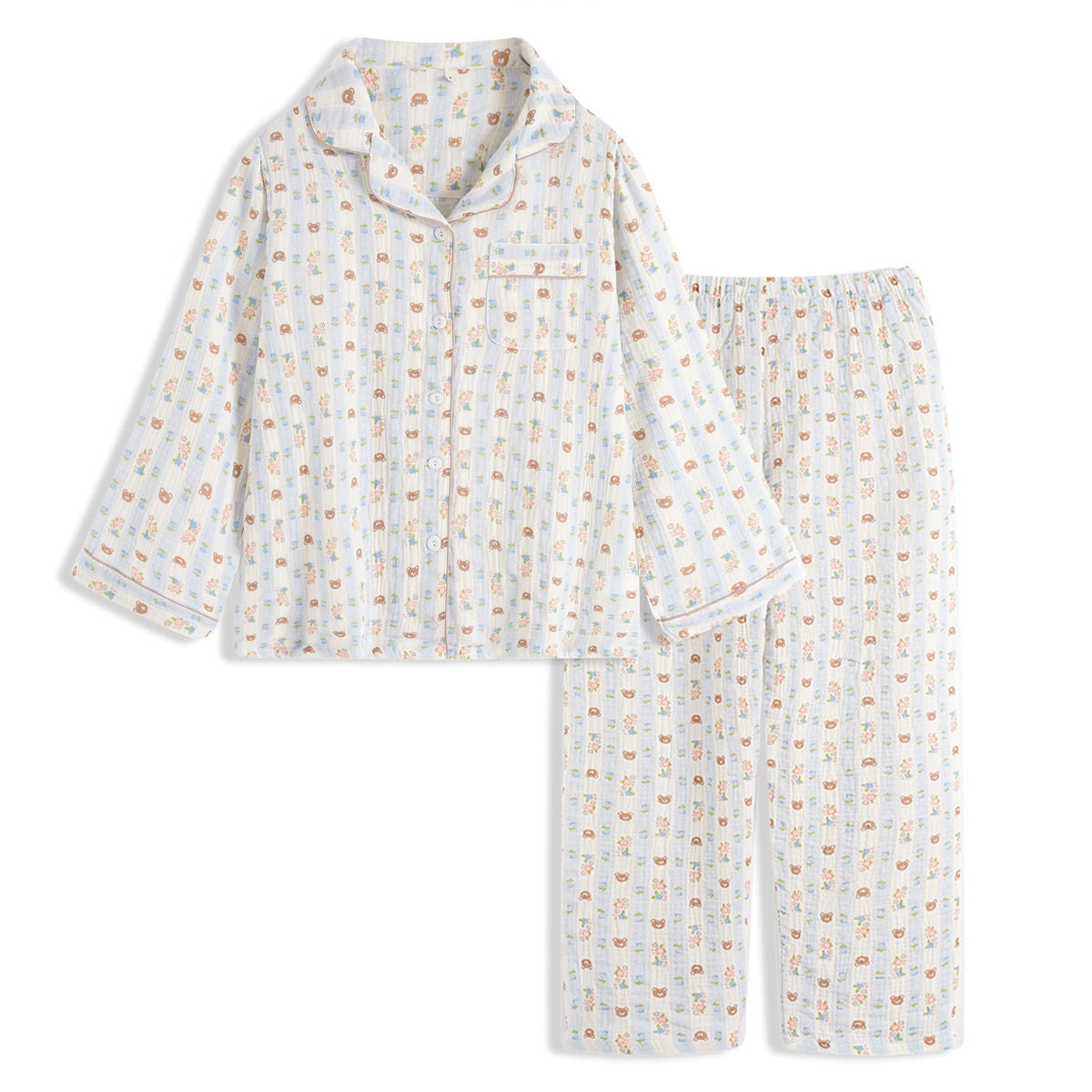 cute bear pattern print long sleeve cotton pajama set roomtery