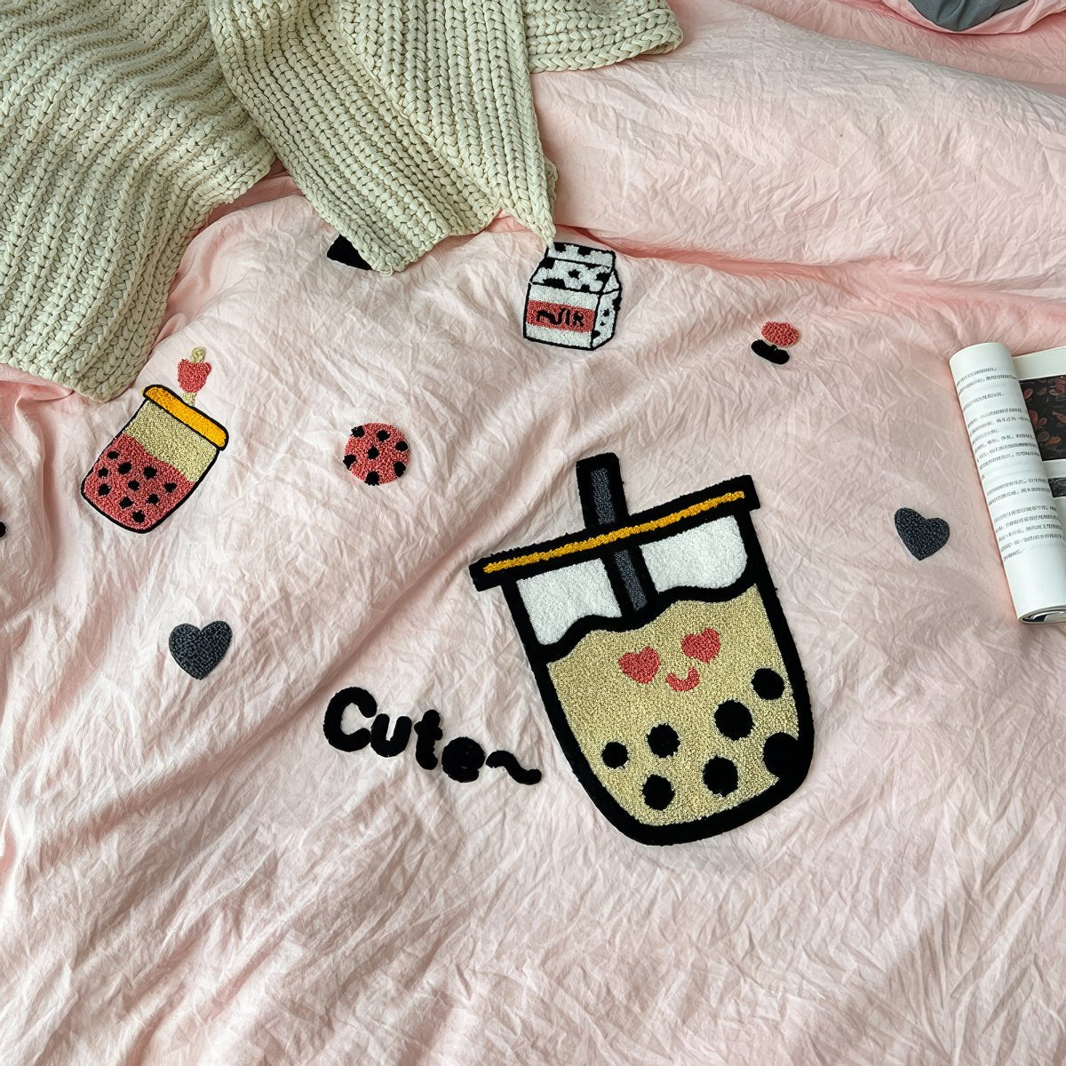 cute bubble tea embroidered light pink bedding set 