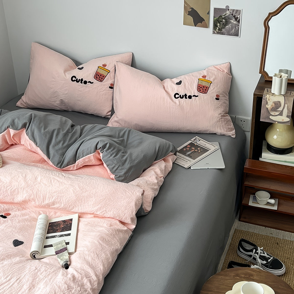 cute bubble tea embroidered light pink bedding set 