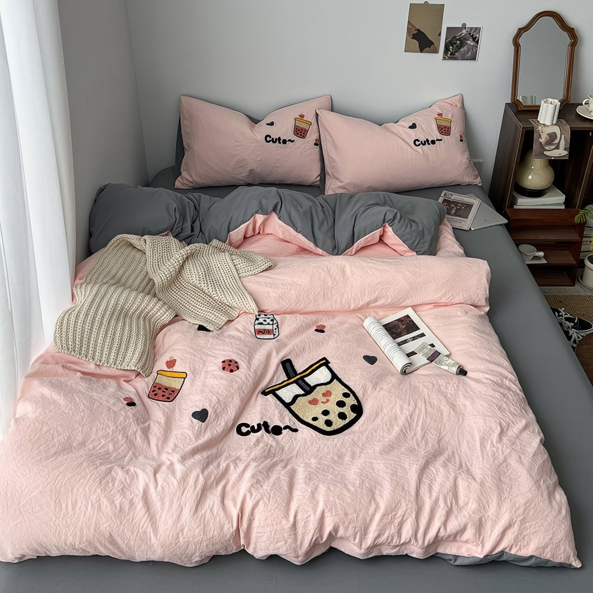 cute bubble tea embroidered light pink bedding set 