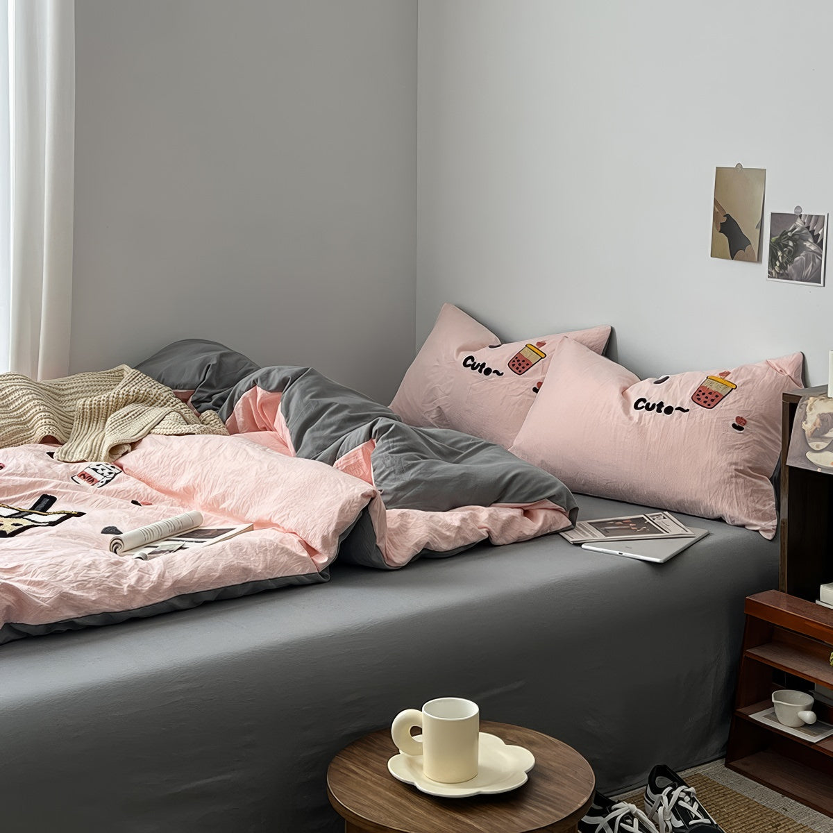 cute bubble tea embroidered light pink bedding set 