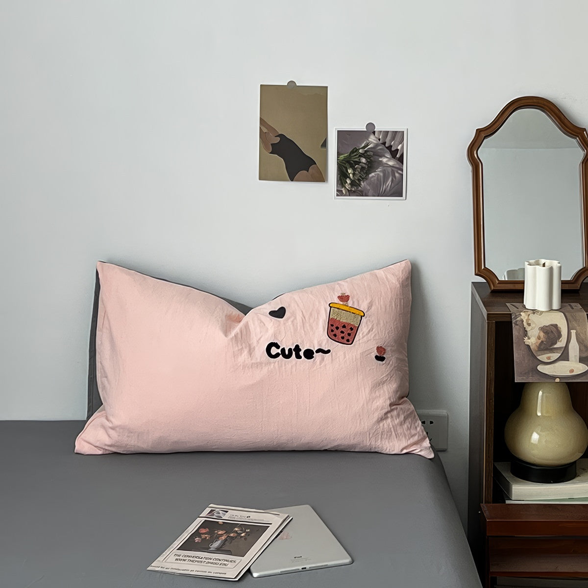 cute bubble tea embroidered light pink bedding set 