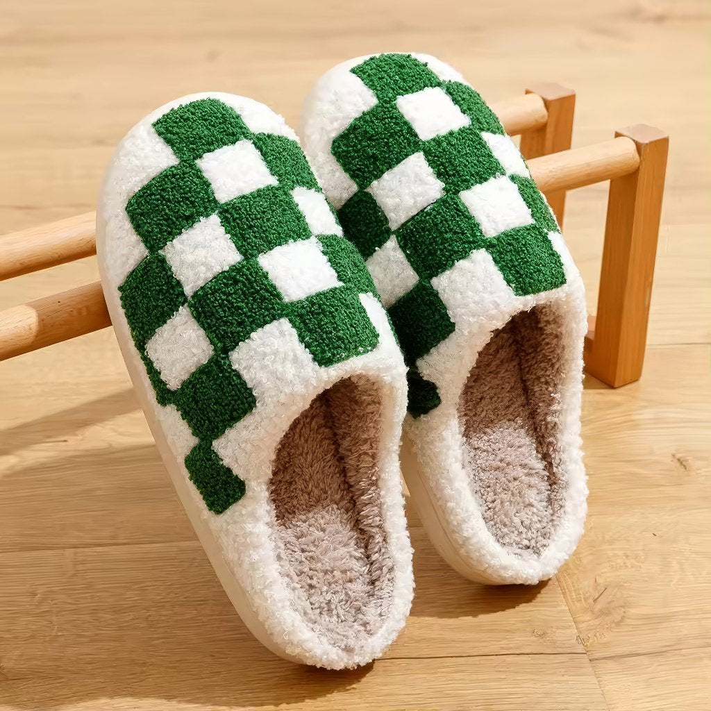 cute plush and aesthetic checkered print house slippers