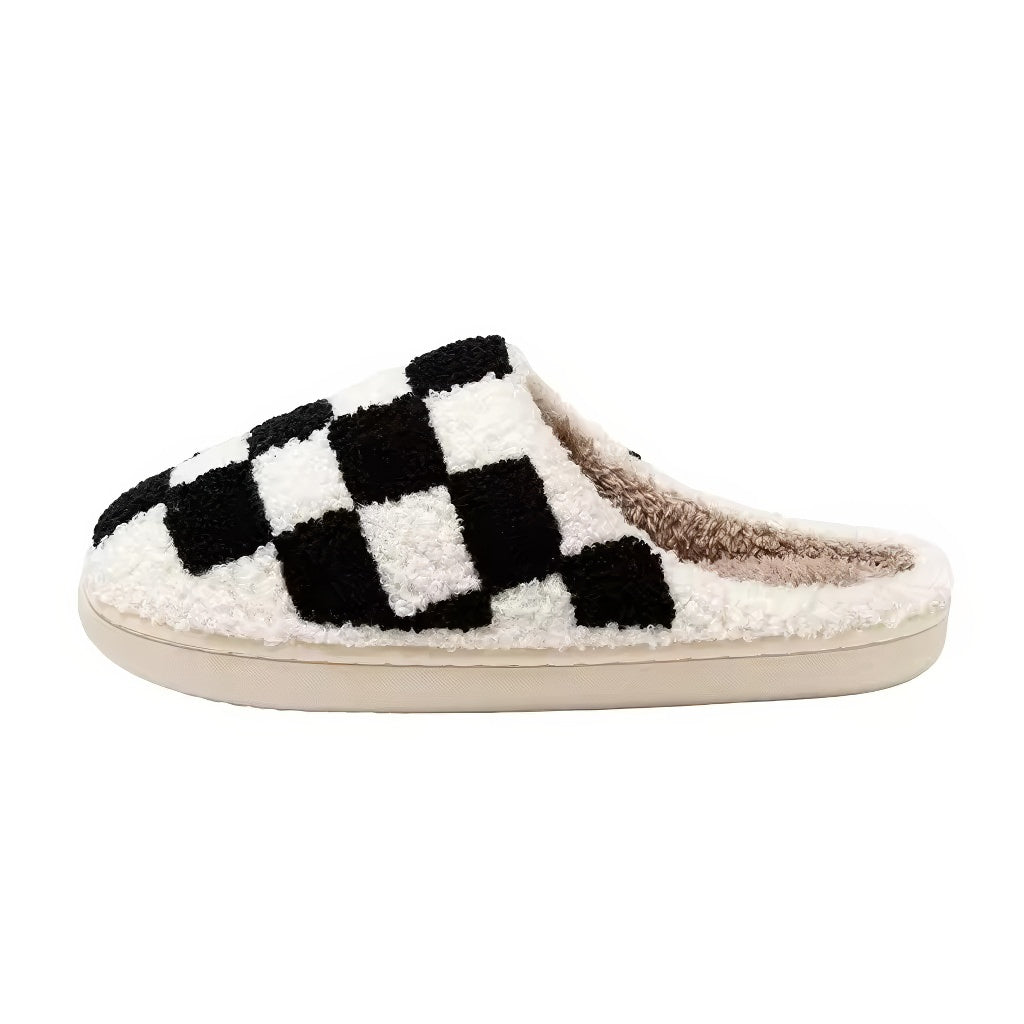 cute plush and aesthetic checkered print house slippers