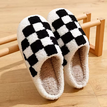 cute plush and aesthetic checkered print house slippers