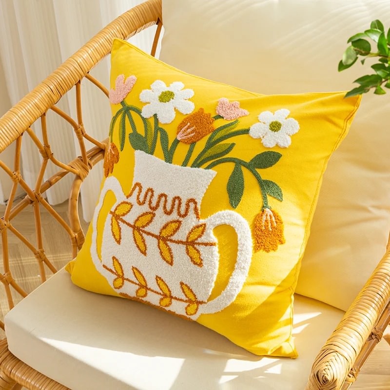 bright and colorful cushion cover throw pillow with embroidered flowers aesthetic room decor roomtery