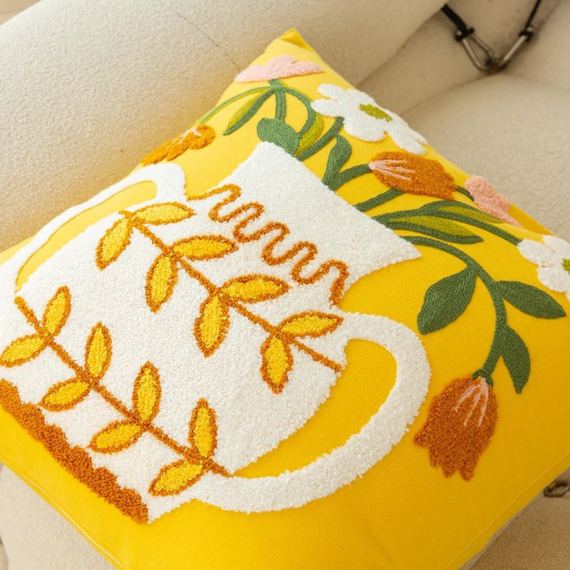 bright and colorful cushion cover throw pillow with embroidered flowers aesthetic room decor roomtery
