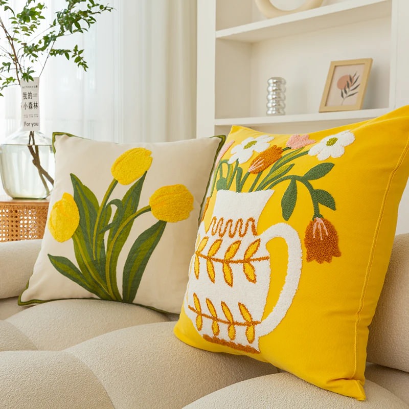 bright and colorful cushion cover throw pillow with embroidered flowers aesthetic room decor roomtery