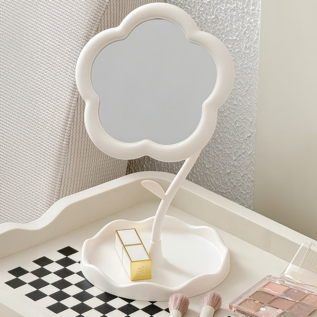 aesthetic flower shaped pastel makeup table mirror with storage tray roomtery