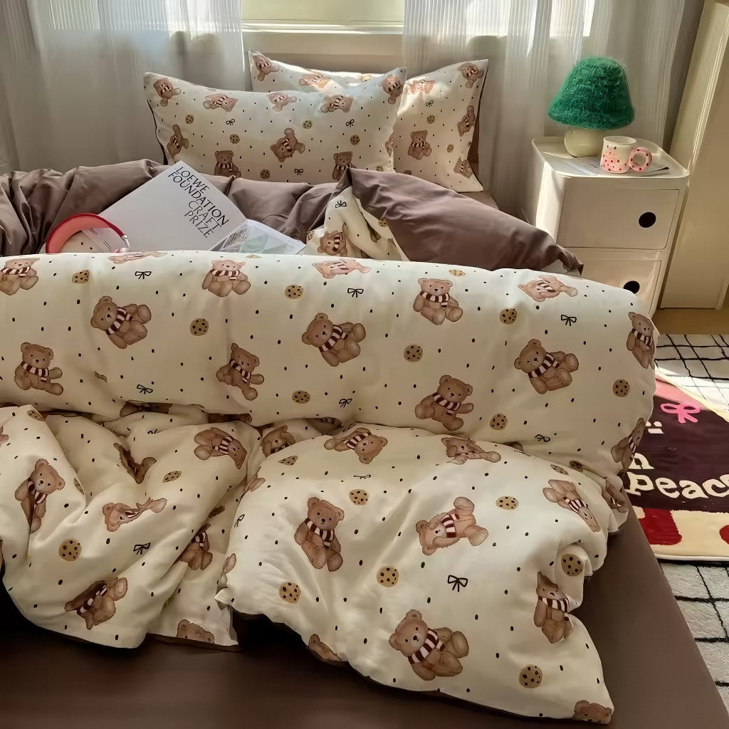 cute french bear print in beige and brown shades aesthetic bedding divet cover set 