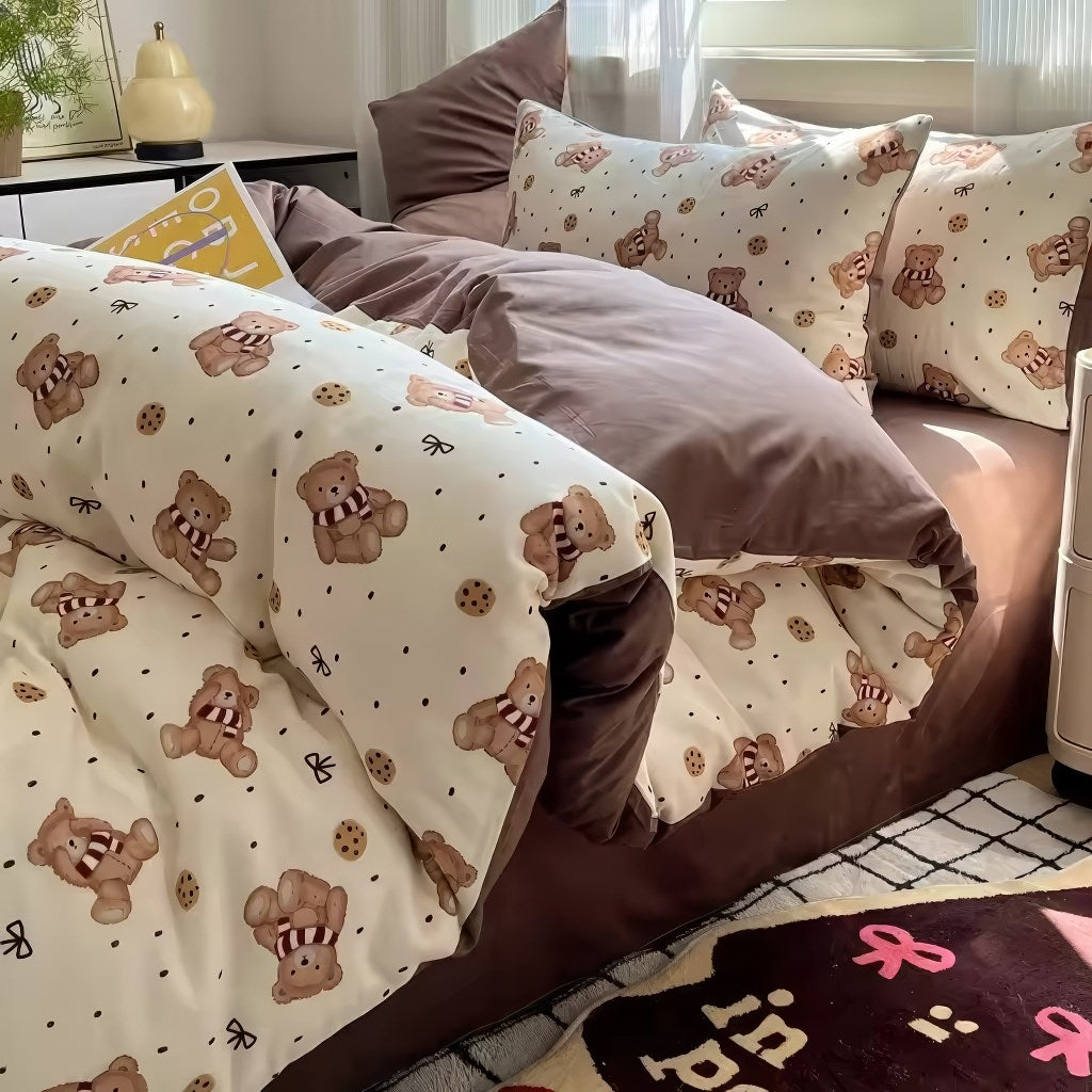 cute french bear print in beige and brown shades aesthetic bedding divet cover set 