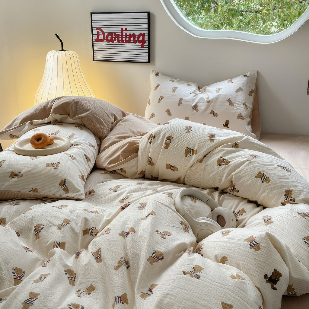 cute french bear pattern print brown shades aesthetic bedding duvet cover set roomtery