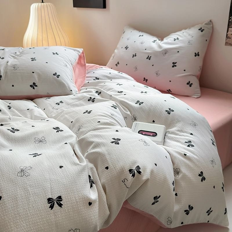 cute girlu bows pattern print light pink aesthetic bedding duvet cover set roomtery