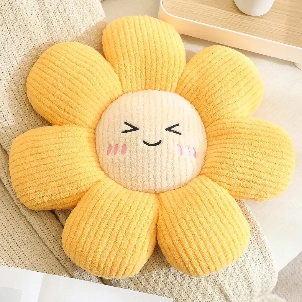 kawaii aesthetic daisy flower shaped decorative throw pillow with cute embroidered face 