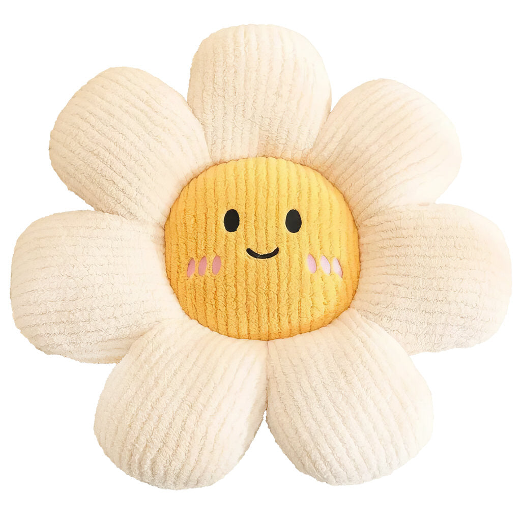 kawaii aesthetic daisy flower shaped decorative throw pillow with cute embroidered face 