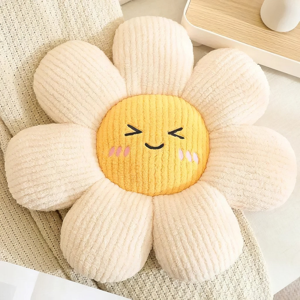 kawaii aesthetic daisy flower shaped decorative throw pillow with cute embroidered face 