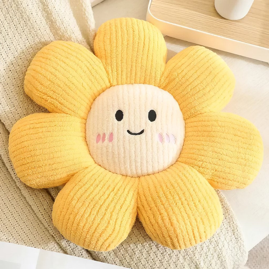 kawaii aesthetic daisy flower shaped decorative throw pillow with cute embroidered face 