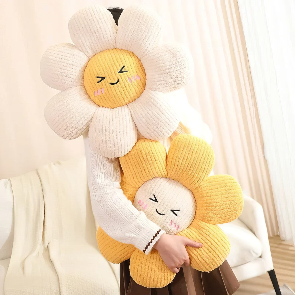 kawaii aesthetic daisy flower shaped decorative throw pillow with cute embroidered face 