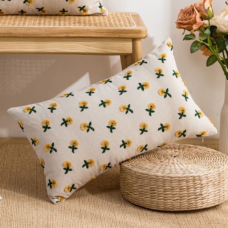 cute little embroidered daisy flower cotton decorative cushion cover roomtery