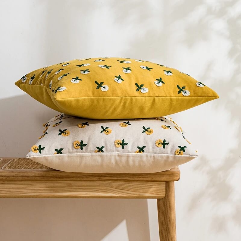 cute little embroidered daisy flower cotton decorative cushion cover roomtery