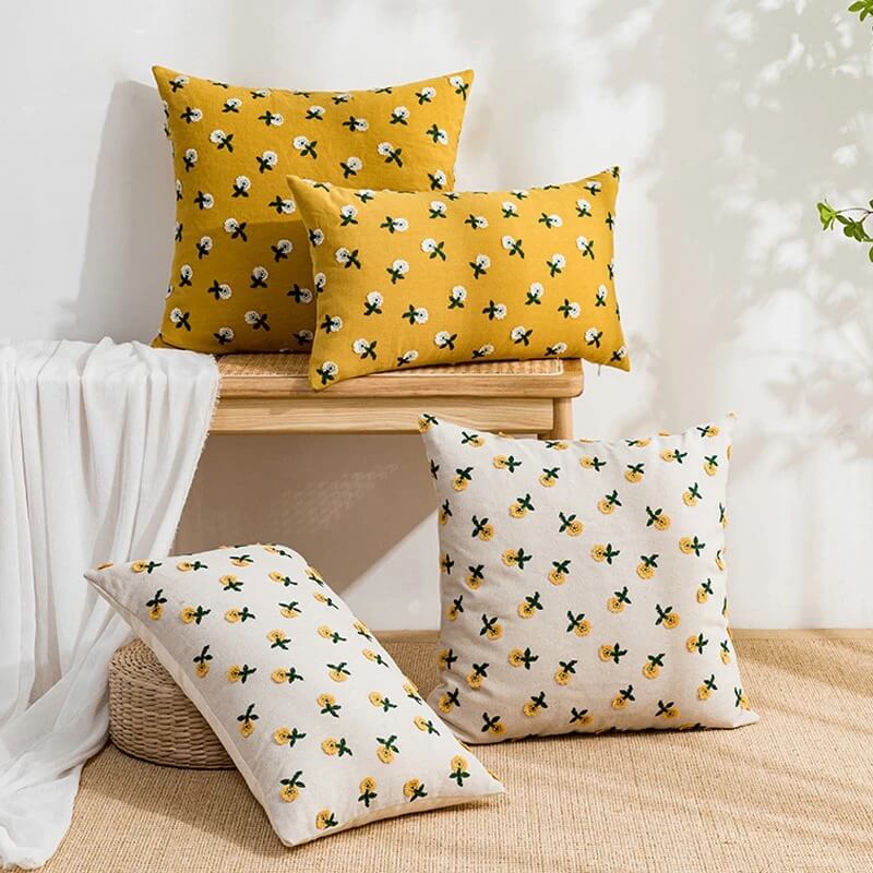 cute little embroidered daisy flower cotton decorative cushion cover roomtery