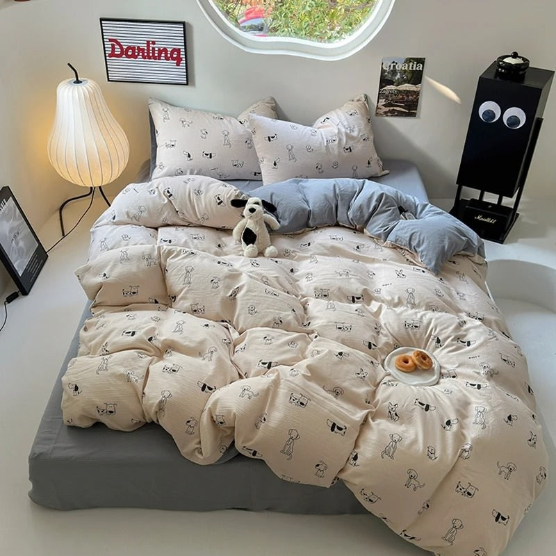 cute little puppies pattern print beige color aesthetic bedding duvet cover set roomtery