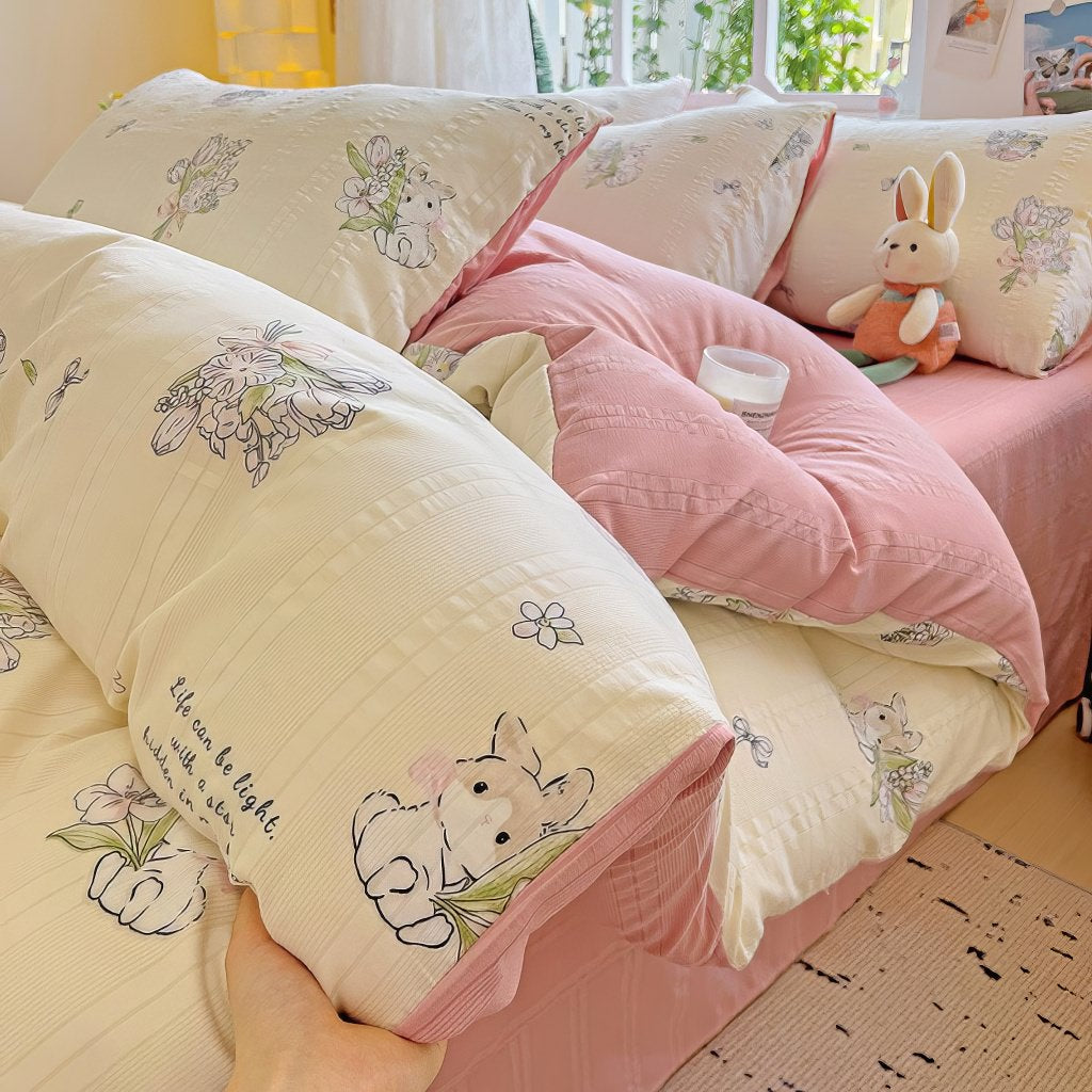 kawaii rabbit print pattern textured fabric bedding duvet cover set 