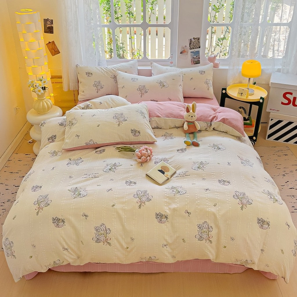 kawaii rabbit print pattern textured fabric bedding duvet cover set 