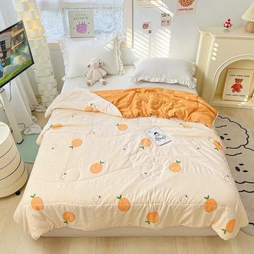 cute orange cartoon print quilt blanket kidcore aesthetic bedroom decor roomtery
