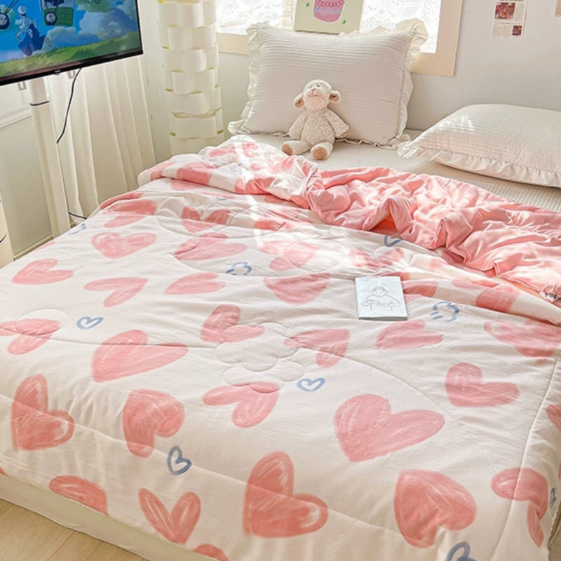 cute pink hearts print quilt blanket kidcore aesthetic bedroom decor roomtery