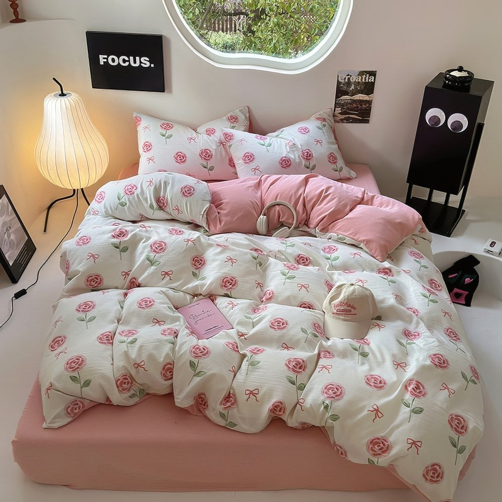 cute pastel pink roses and bows pattern print aesthetic bedding duvet cover set