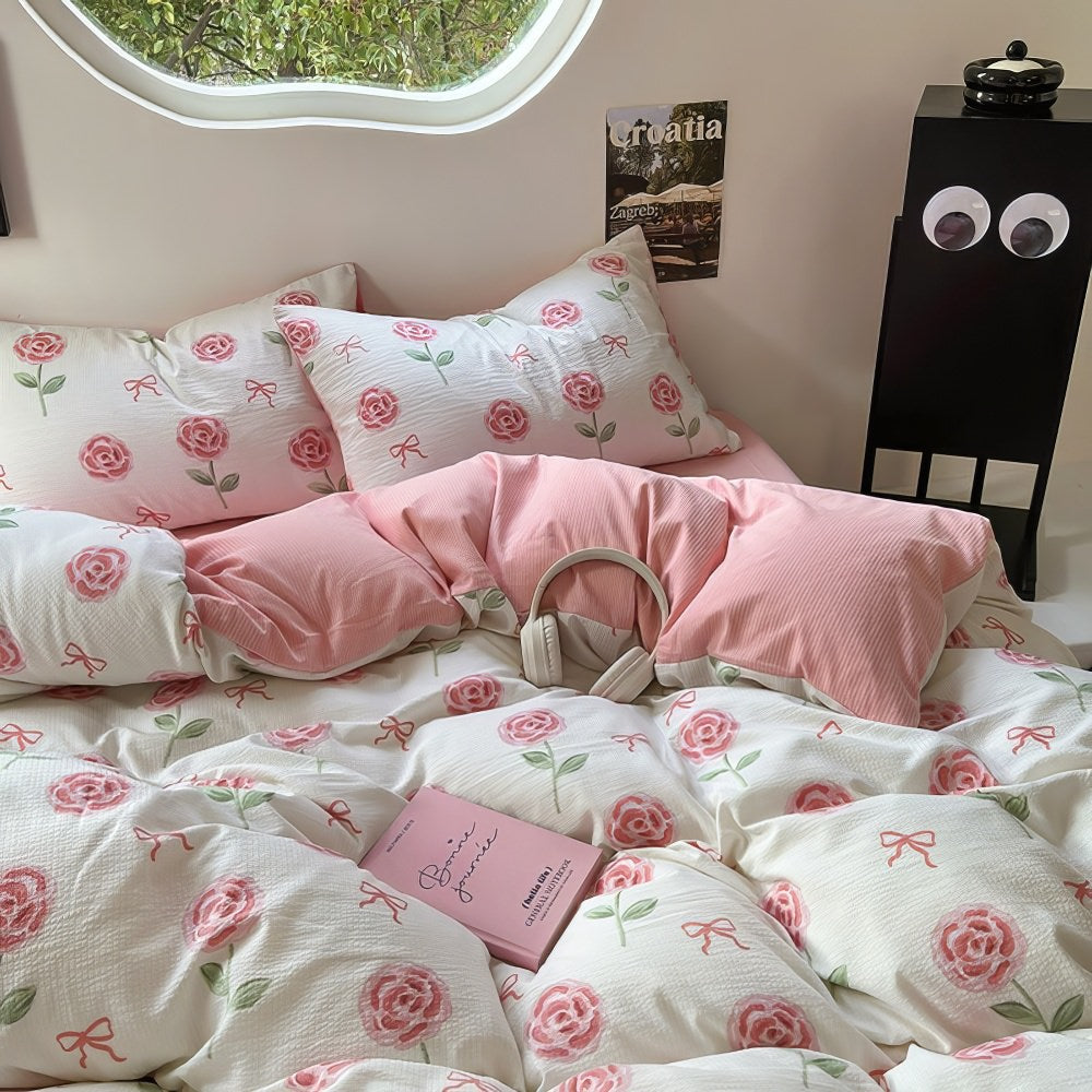 cute pastel pink roses and bows pattern print aesthetic bedding duvet cover set