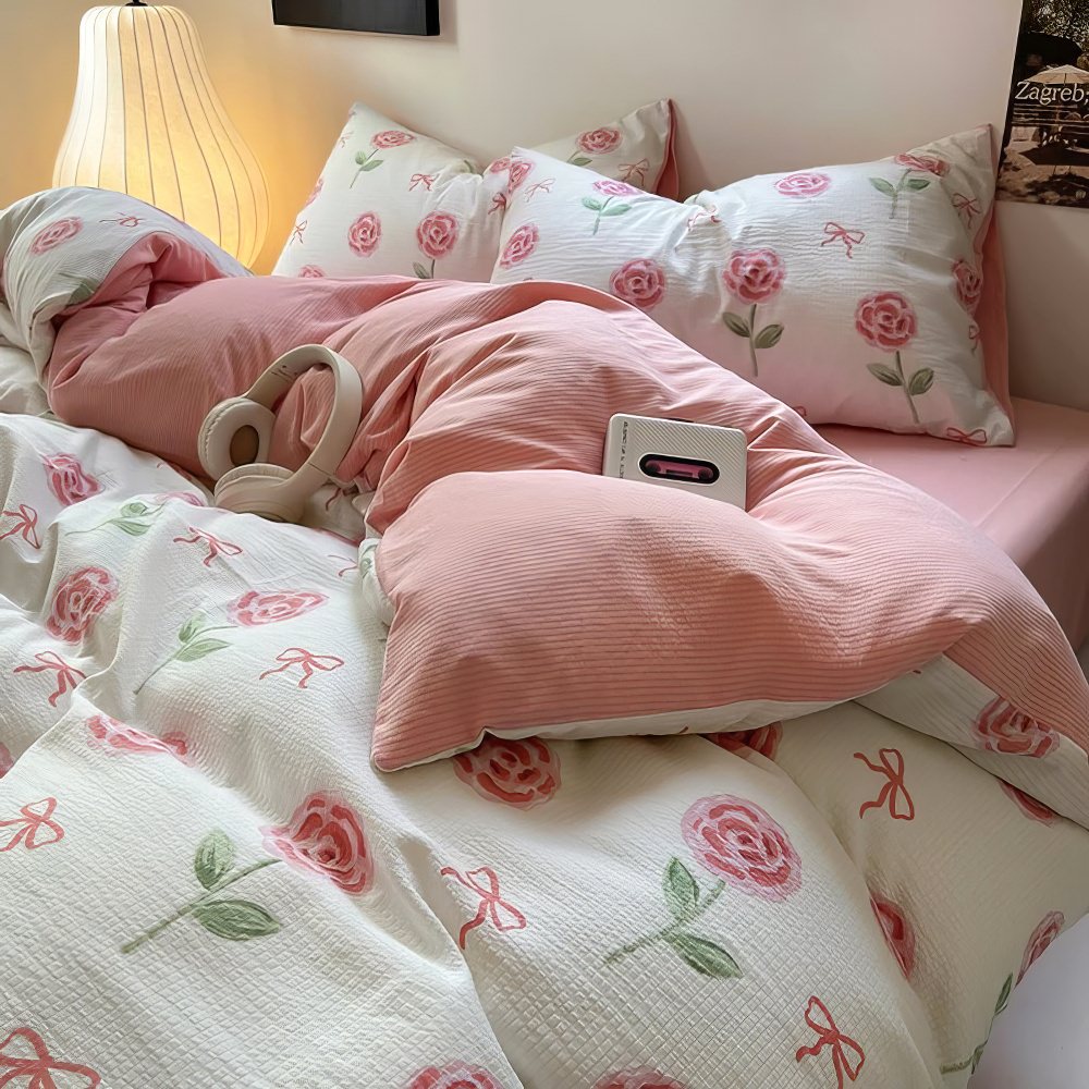 cute pastel pink roses and bows pattern print aesthetic bedding duvet cover set