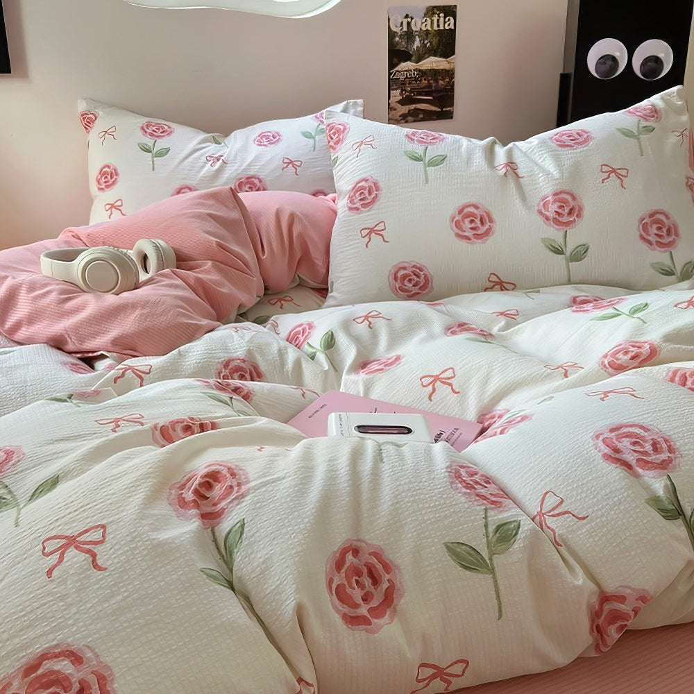 cute pastel pink roses and bows pattern print aesthetic bedding duvet cover set