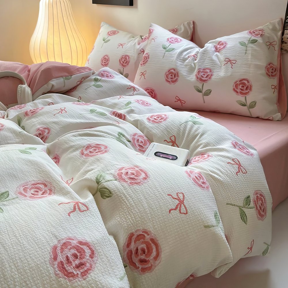 cute pastel pink roses and bows pattern print aesthetic bedding duvet cover set