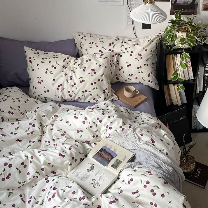 Purple Cherries Bedding Set Vintage Aesthetic Bedding roomtery