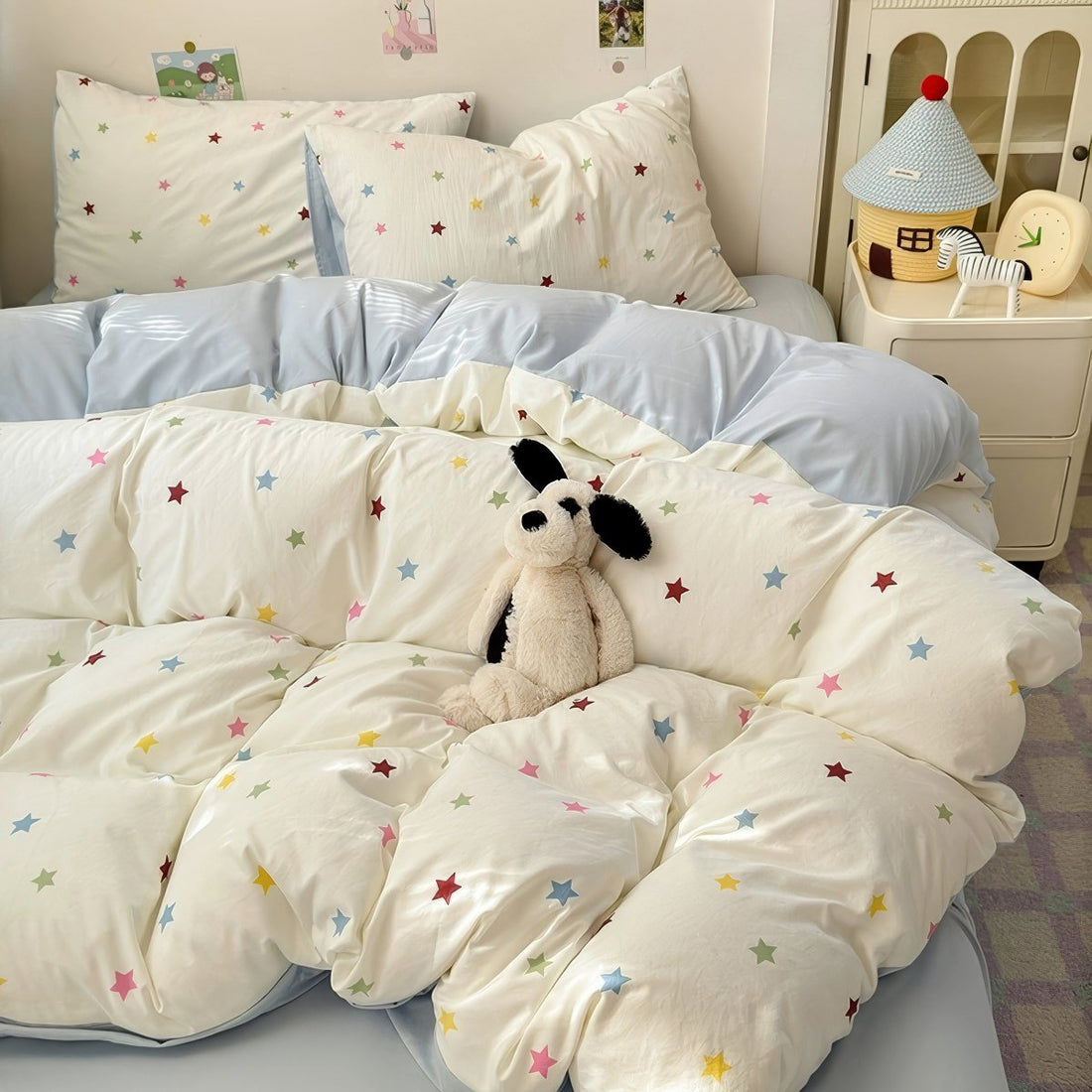 kawaii colorful stars pattern print cute bedding set in light blue and creamy shades