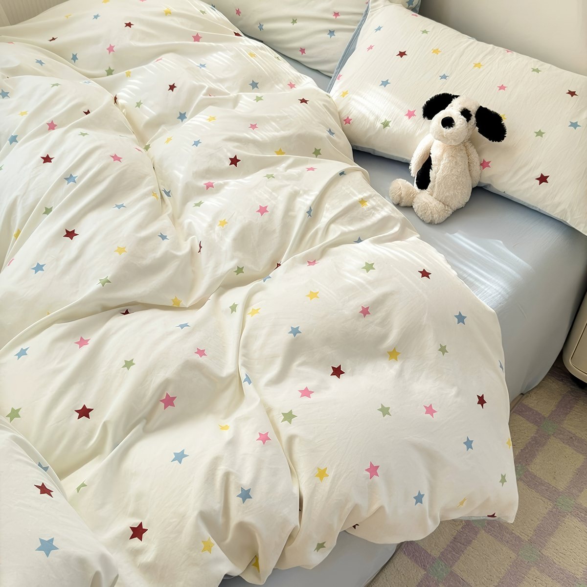 kawaii colorful stars pattern print cute bedding set in light blue and creamy shades
