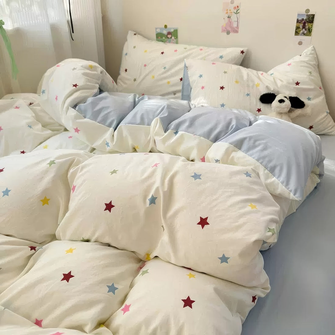 kawaii colorful stars pattern print cute bedding set in light blue and creamy shades
