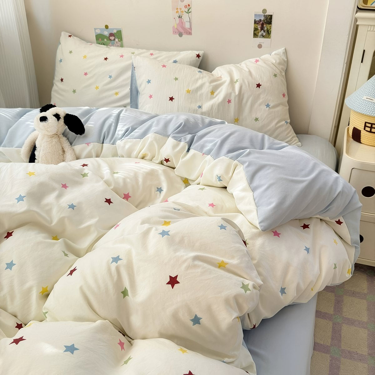 kawaii colorful stars pattern print cute bedding set in light blue and creamy shades