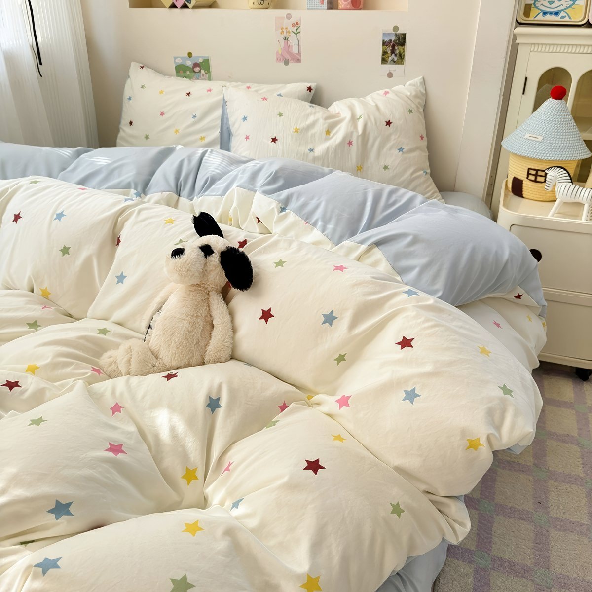 kawaii colorful stars pattern print cute bedding set in light blue and creamy shades