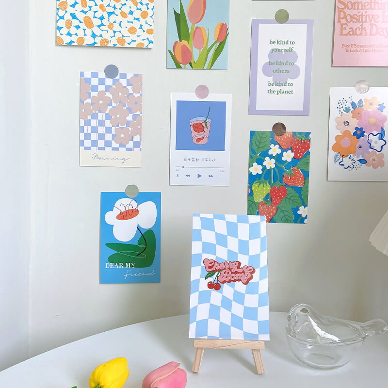 danish pastel aesthetic wavy checker postcard wall collage set roomtery