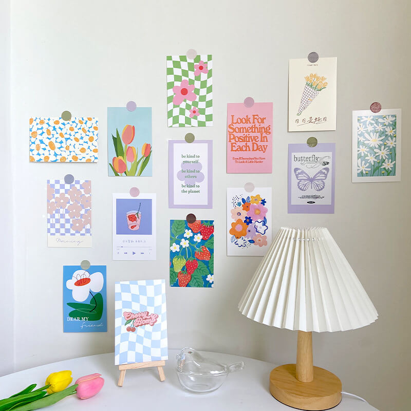 danish pastel aesthetic wavy checker postcard wall collage set roomtery
