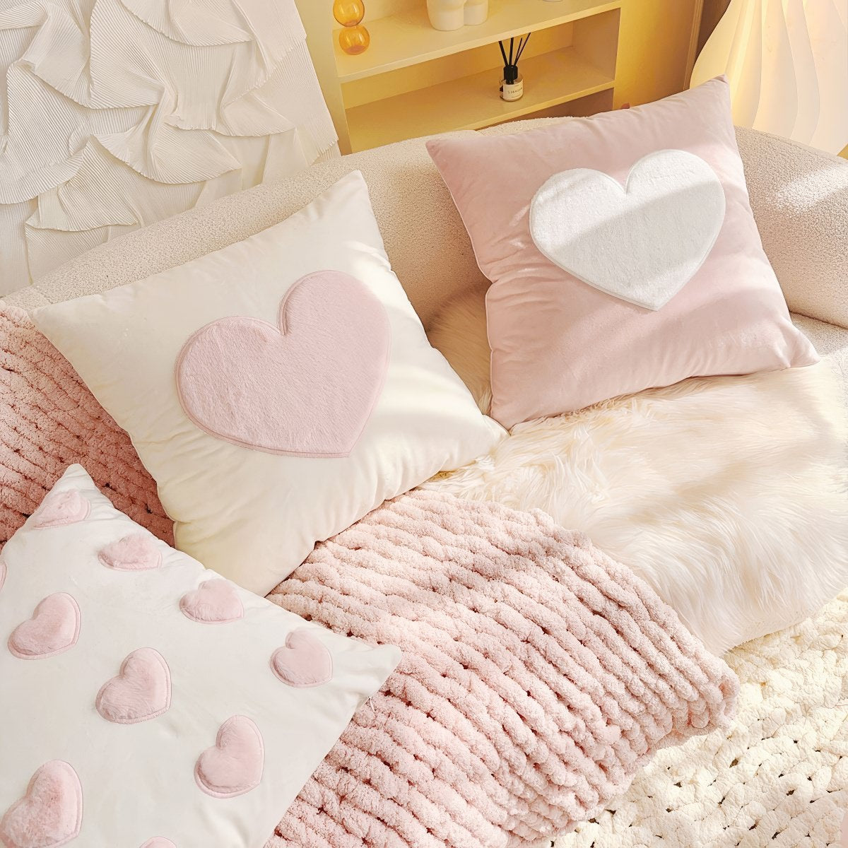 cute coquette aesthetic plush throw cushion covers with plush hearts