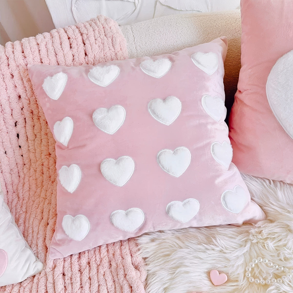 cute coquette aesthetic plush throw cushion covers with plush hearts