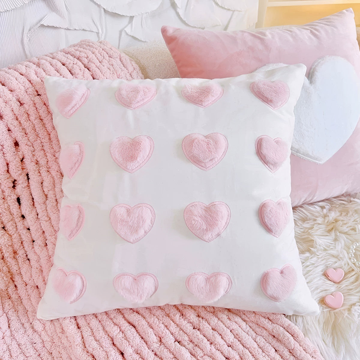 cute coquette aesthetic plush throw cushion covers with plush hearts